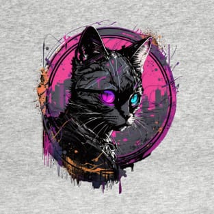 Neon Cat Cyberpunk Design T-Shirt